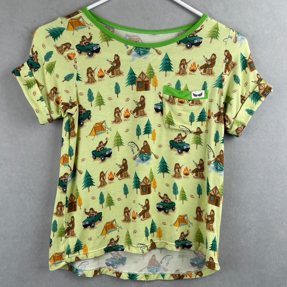 Free Birdees Kid Bigfoot Camping Bamboo Tee Lime Green Sustainable Sasquatch 7/8
